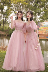 Pink Lace Long Prom Dresses, A-Line Evening Dresses