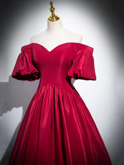 Burgundy Satin Long Prom Dress, Off the Shoulder A-Line Formal Evening Dress