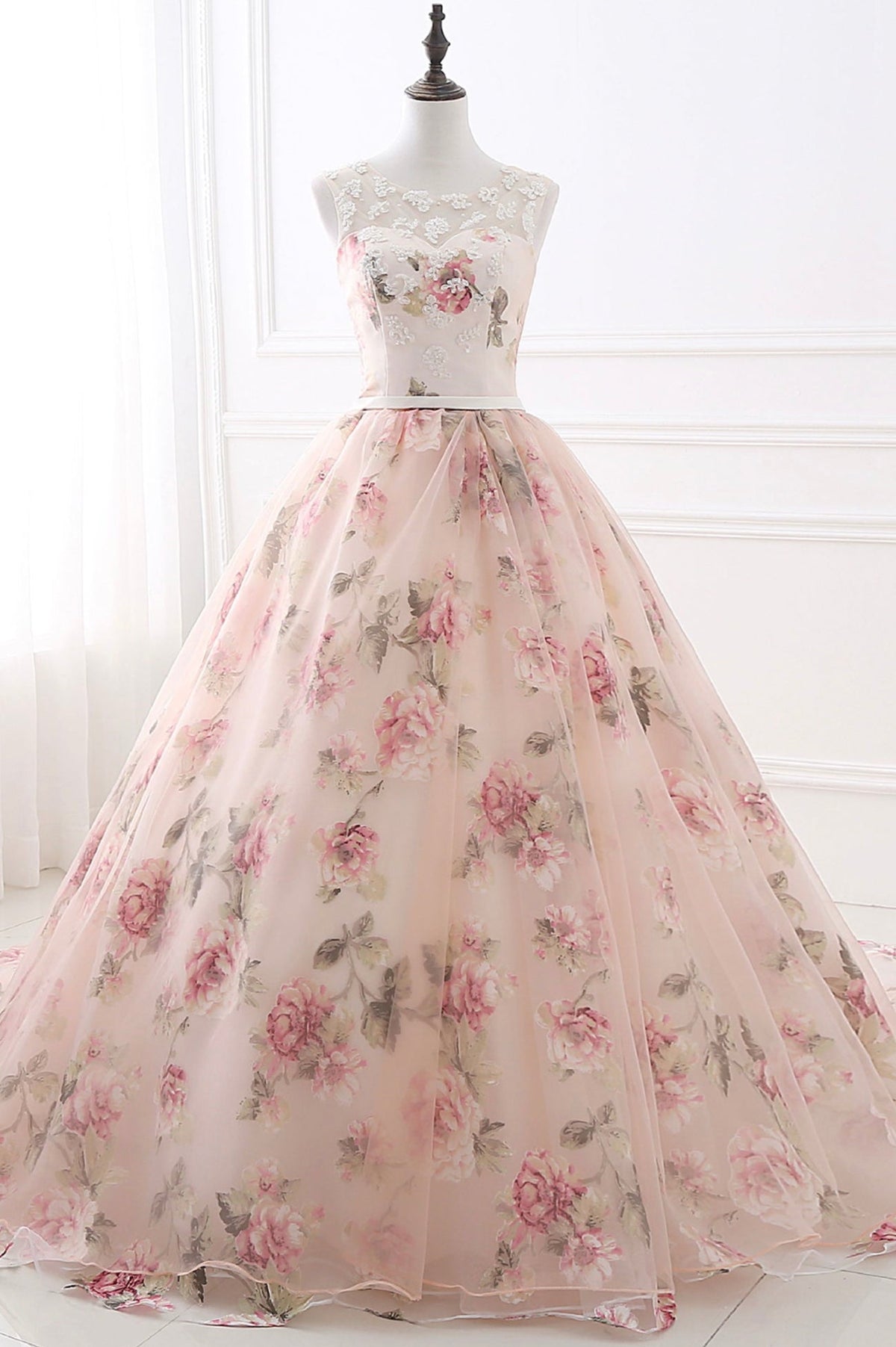Cute Floral Long Prom Dress with Lace,  A-Line Scoop Neckline Party Dress