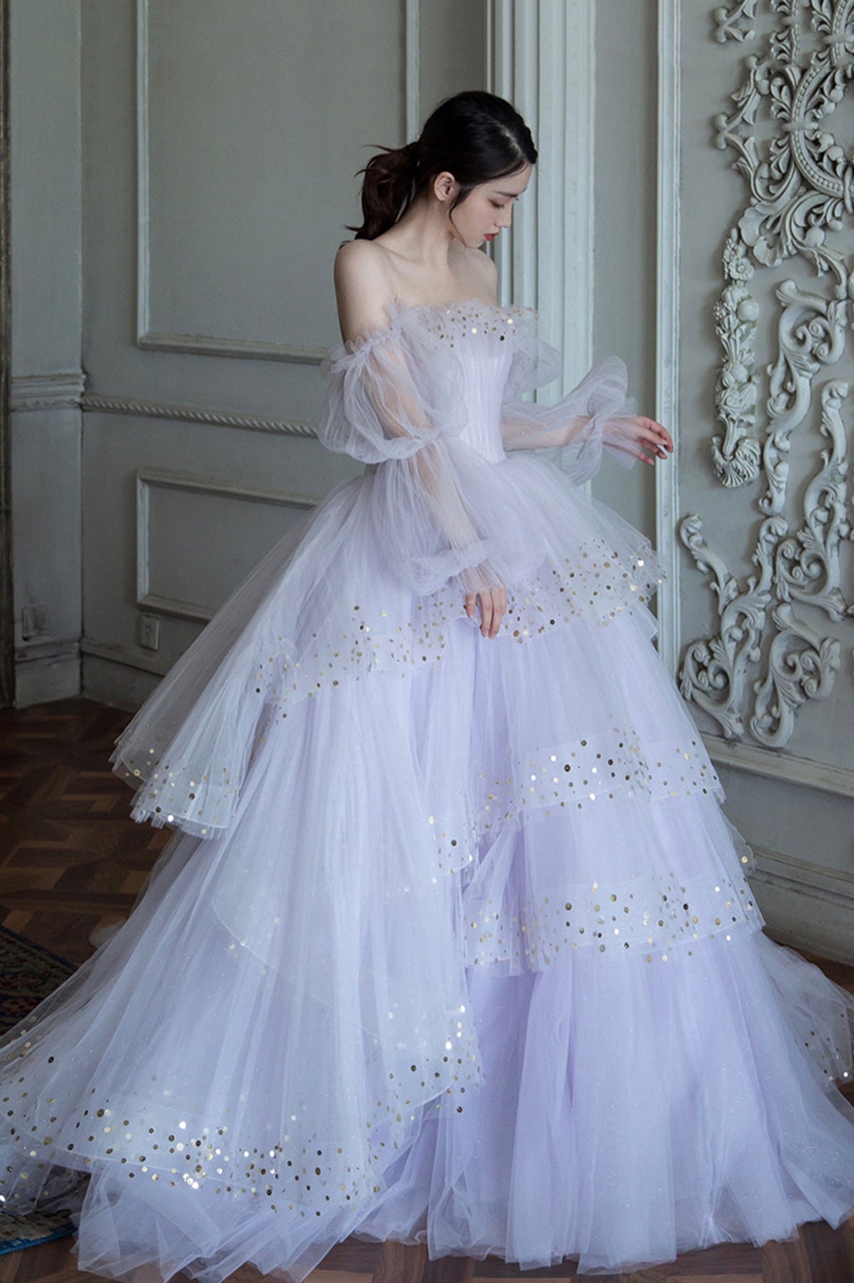 Purple Tulle Layers Long A-Line Prom Dress, Off the Shoulder Evening Gown