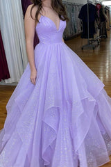 Straps Sparkling Ball Gown Long Prom Dress with Lace-up Back