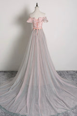 Pink Tulle Long A-Line Prom Dress with Train, Off the Shoulder Formal Evening Dress
