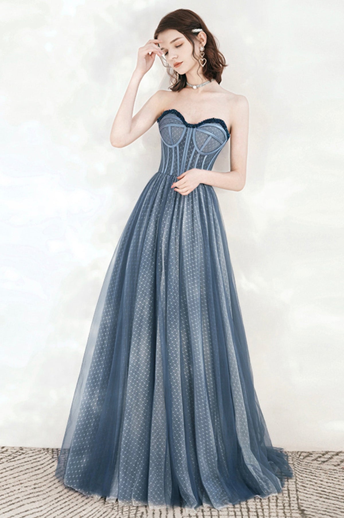 Blue Tulle Strapless Long Prom Dresses, A-Line Formal Evening Dresses