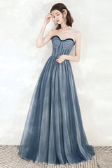 Blue Tulle Strapless Long Prom Dresses, A-Line Formal Evening Dresses