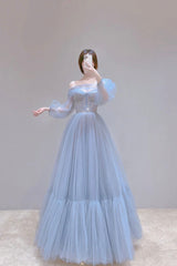 Blue Tulle Long A-Line Prom Dress, Blue Off the Shoulder Evening Party Dress