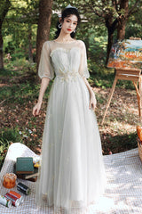 Gray Tulle Lace Long A-Line Prom Dresses, Gray Tulle Bridesmaid Dresses