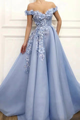 Blue Off the Shoulder Long Prom Dress, A-Line Blue Evening Dress