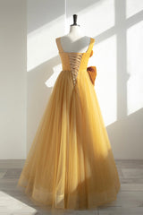 Yellow Tulle Long A-Line Prom Dress, Cute Evening Dress with Bow