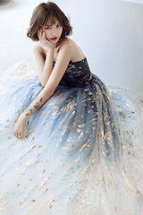 Blue Tulle Gradient Long Formal Gowns, A-Line Strapless Evening Dresses