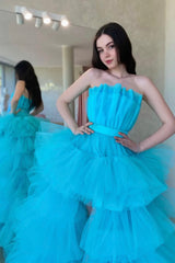 Blue Tulle High Low Prom Dress, A-Line Strapless Party Dress