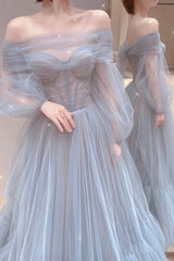 Blue Tulle Long A-Line Prom Dress, Blue Off the Shoulder Evening Party Dress