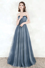 Blue Tulle Strapless Long Prom Dresses, A-Line Formal Evening Dresses