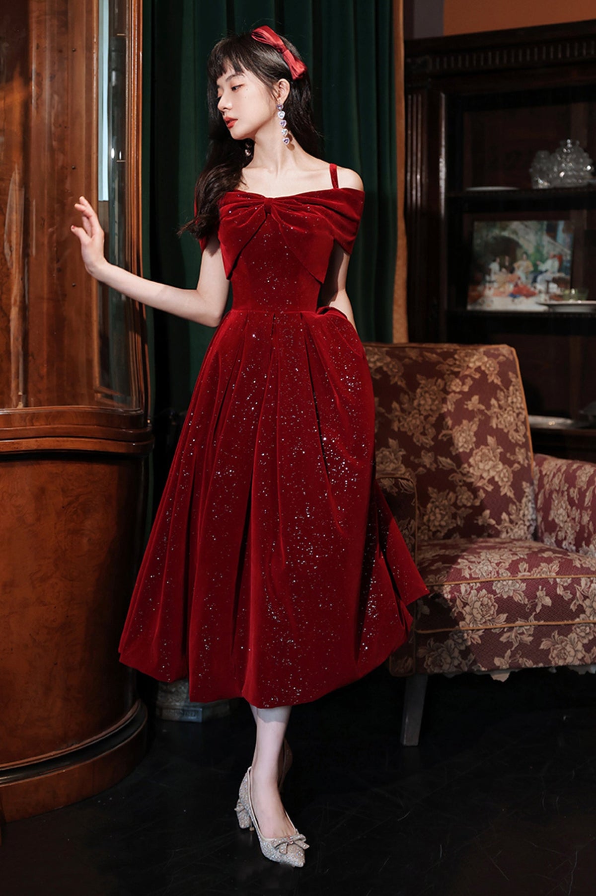 Burgundy Velvet Off the Shoulder Prom Dress, A-Line Party Dress
