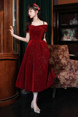 Burgundy Velvet Off the Shoulder Prom Dress, A-Line Party Dress