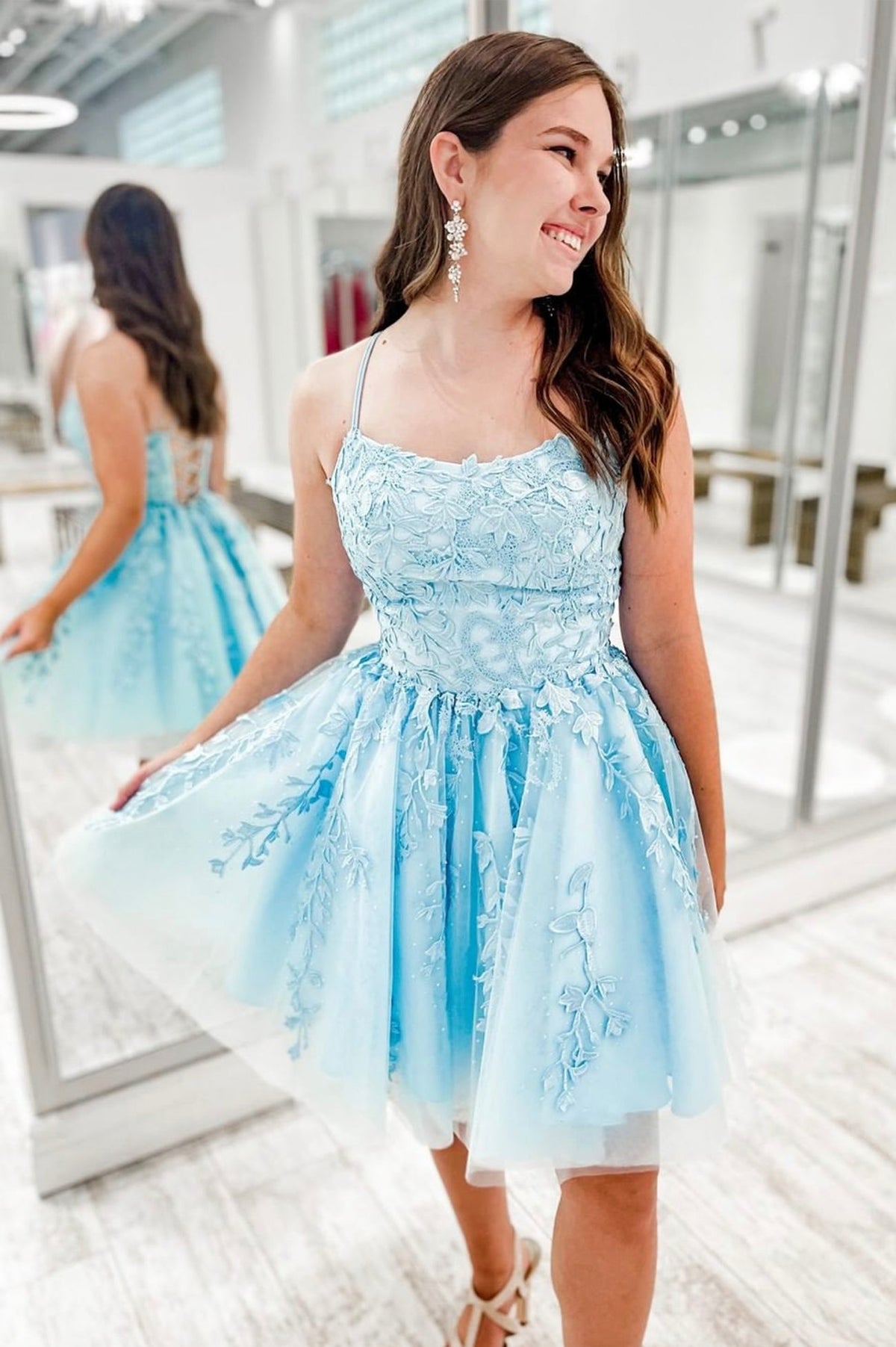 Blue Tulle Lace Short Prom Dresses, Cute A-Line Homecoming Dresses