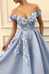 Blue Off the Shoulder Long Prom Dress, A-Line Blue Evening Dress