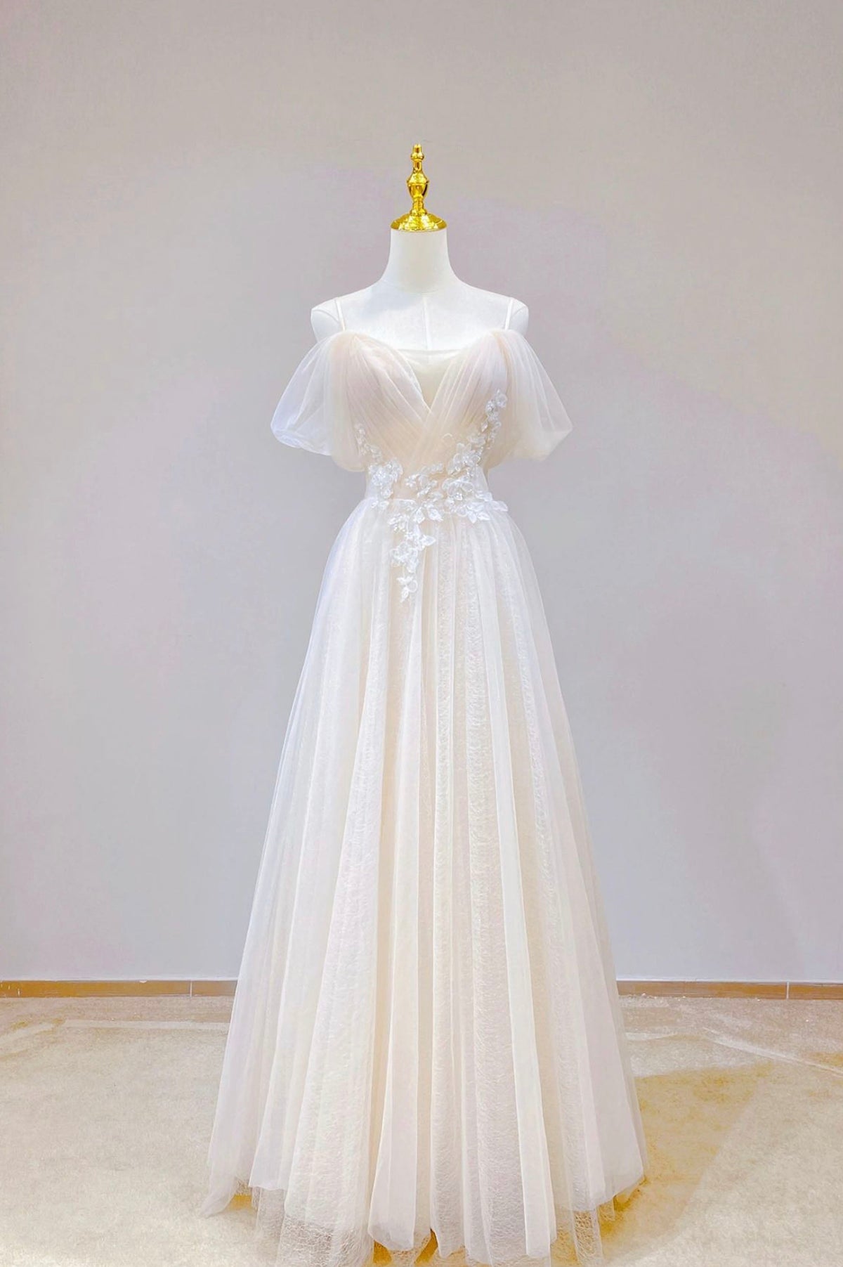 Champagne Tulle Long Prom Dress with Lace, Off the Shoulder Evening Dress