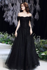 Black Tulle Sequins Long Prom Dress, A-Line Evening Party Dress