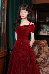 Burgundy Velvet Off the Shoulder Prom Dress, A-Line Party Dress