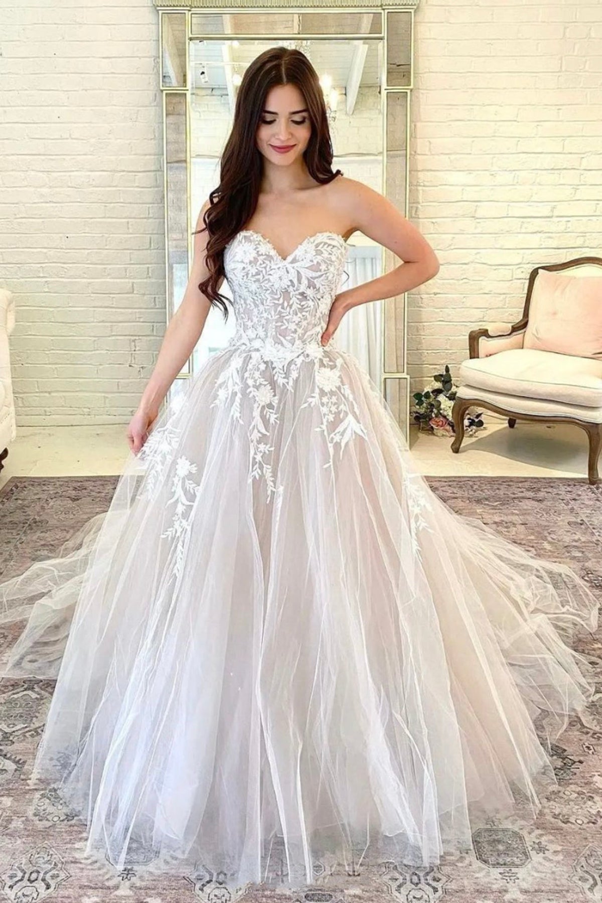 A-Line Strapless Lace Long Prom Dresses, Formal Evening Dresses