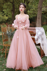 Pink Tulle Long Prom Dresses, Pink A-Line Tulle Party Dresses