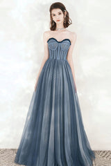 Blue Tulle Strapless Long Prom Dresses, A-Line Formal Evening Dresses