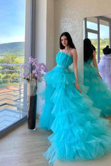 Blue Tulle High Low Prom Dress, A-Line Strapless Party Dress
