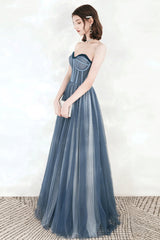 Blue Tulle Strapless Long Prom Dresses, A-Line Formal Evening Dresses