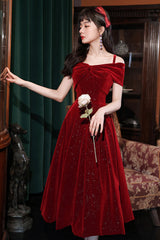 Burgundy Velvet Off the Shoulder Prom Dress, A-Line Party Dress