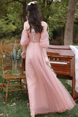 Pink Tulle Long Prom Dresses, Pink A-Line Tulle Party Dresses