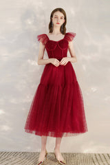 Burgundy Tulle Short Prom Dress, Cute A-Line Homecoming Party Dress