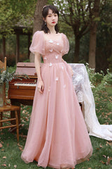 Pink Tulle Long Prom Dresses, Pink A-Line Tulle Party Dresses