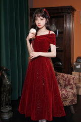 Burgundy Velvet Off the Shoulder Prom Dress, A-Line Party Dress