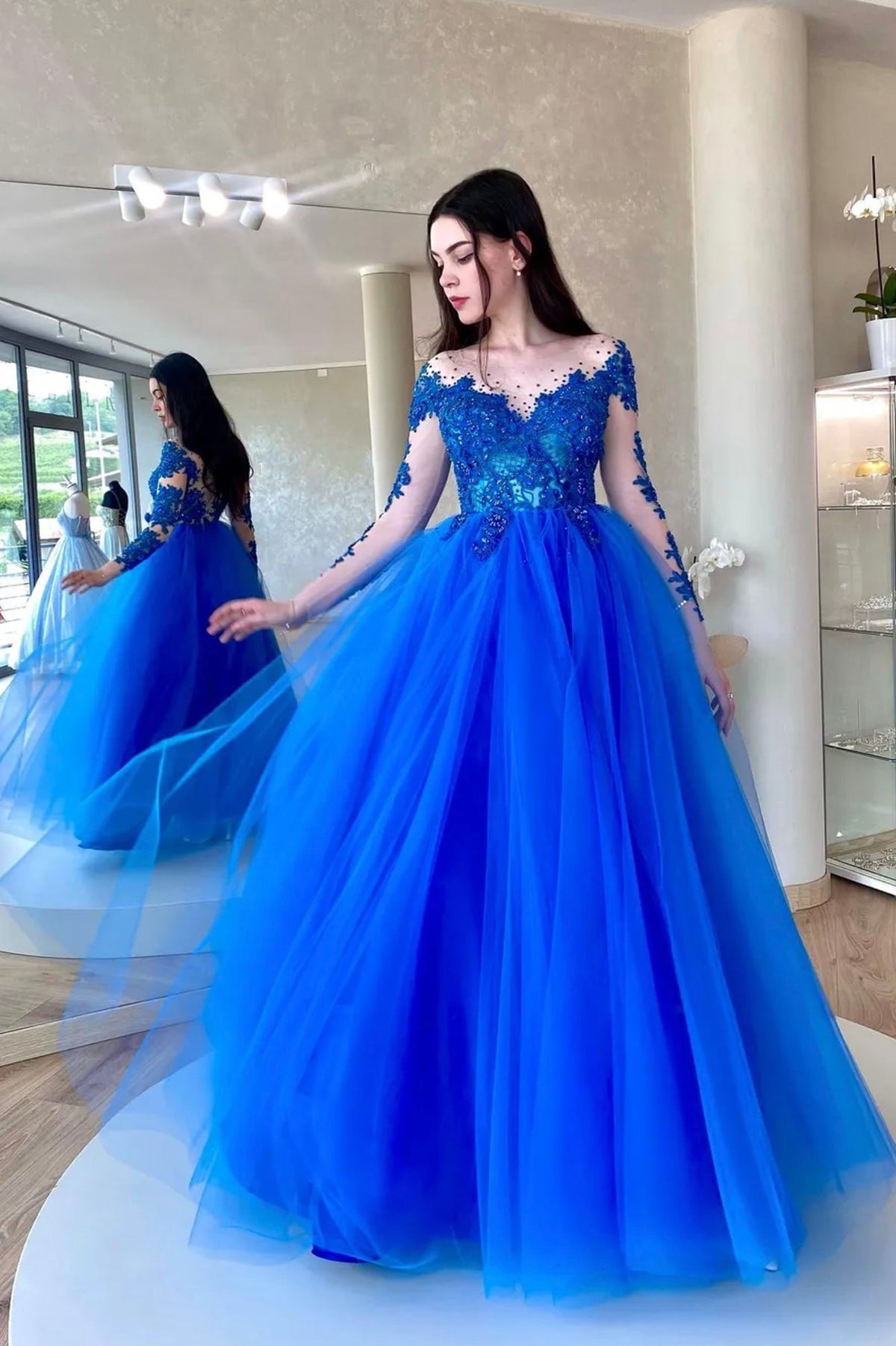 Blue Lace Long Sleeve Evening Dress, A-Line Scoop Neckline Evening Dress