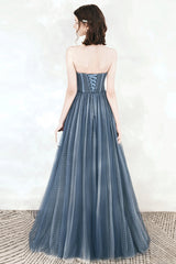 Blue Tulle Strapless Long Prom Dresses, A-Line Formal Evening Dresses
