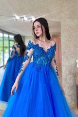 Blue Lace Long Sleeve Evening Dress, A-Line Scoop Neckline Evening Dress