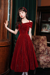 Burgundy Velvet Off the Shoulder Prom Dress, A-Line Party Dress
