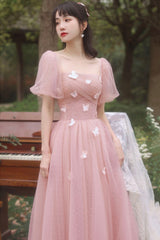 Pink Tulle Long Prom Dresses, Pink A-Line Tulle Party Dresses