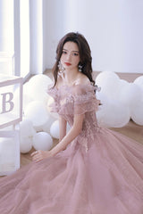 Pink Lace Off the Shoulder Prom Dress, Cute Pink Graduation Dress