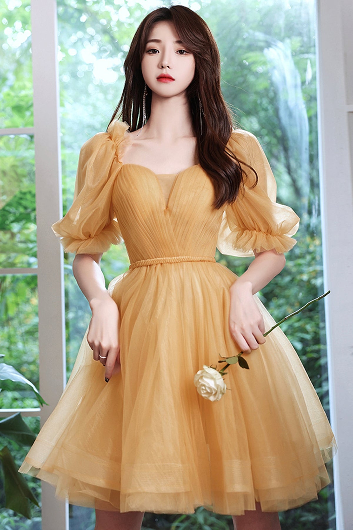 Yellow Tulle Short A-Line Prom Dress, Yellow Party Dress