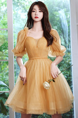 Yellow Tulle Short A-Line Prom Dress, Yellow Party Dress