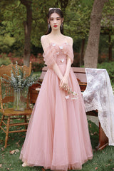 Pink Tulle Long Prom Dresses, Pink A-Line Tulle Party Dresses