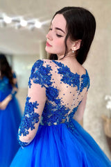Blue Lace Long Sleeve Evening Dress, A-Line Scoop Neckline Evening Dress
