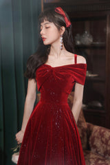 Burgundy Velvet Off the Shoulder Prom Dress, A-Line Party Dress