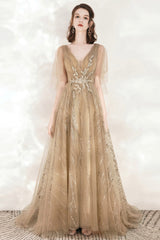 A-Line Tulle Beading Long Prom Dresses, V-Neck Evening Dresses