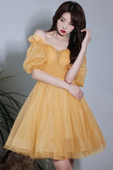 Yellow Tulle Short A-Line Prom Dress, Yellow Party Dress