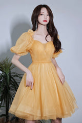 Yellow Tulle Short A-Line Prom Dress, Yellow Party Dress