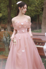 Pink Tulle Long Prom Dresses, Pink A-Line Tulle Party Dresses