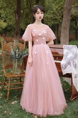 Pink Tulle Long Prom Dresses, Pink A-Line Tulle Party Dresses