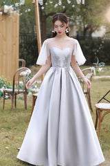 Gray Saitn Lace Long Prom Dress, A-Line Evening Dress